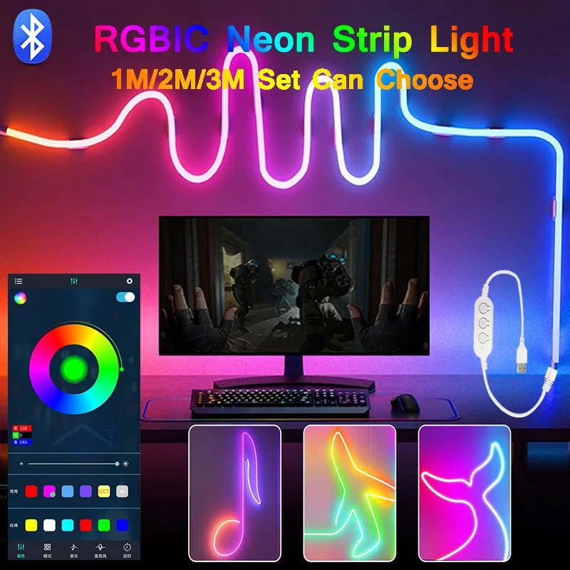 5V Neon Strip Light RGBIC Bluetooth Neon Led Strip Lights 1M 2M 3M Waterproof Flex Ribbon Led Tape for Room Wall DIY Decor Strip