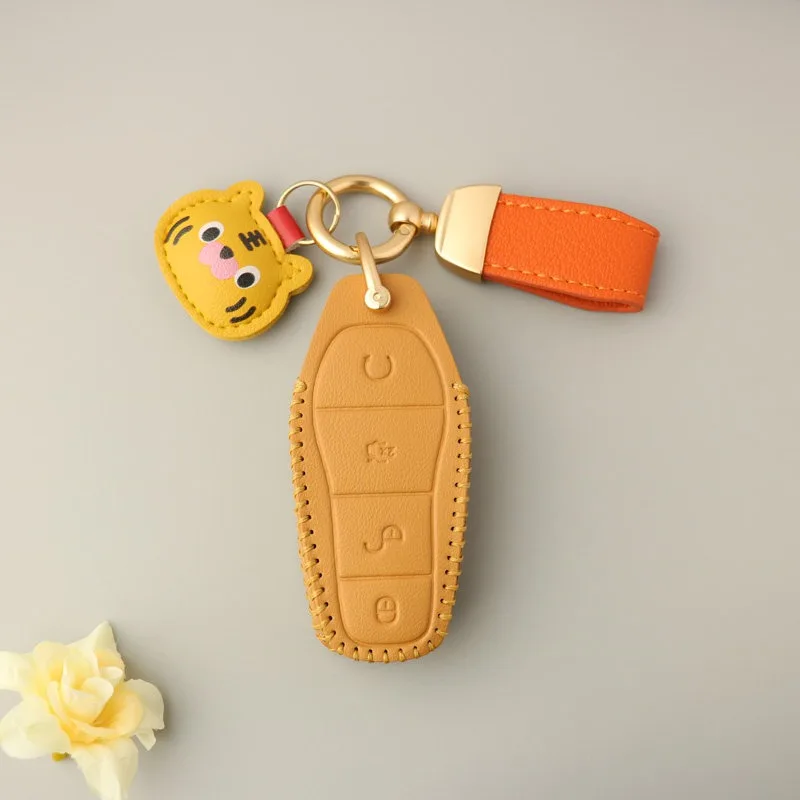 Leather Key Fob Cover Case for BYD Dolphin 2026 - Luxury Genuine Leather Smart Key Protector with Keychain