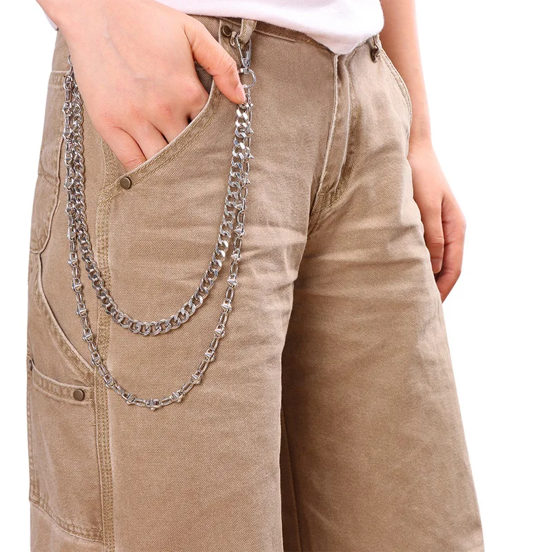 Dual Layer Metal Pants Chain Silver Tone Waist Chain Vintage Punk Jeans Decor Key Ring Street Hip‑Hop Fashion Ornament