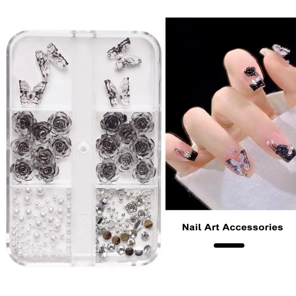 1 Box 3D Pearl White Aurora AB Camellia Black Rose Flowers Resin Nail Art Rhinestones Decoration Manicure Charms Art Accessories
