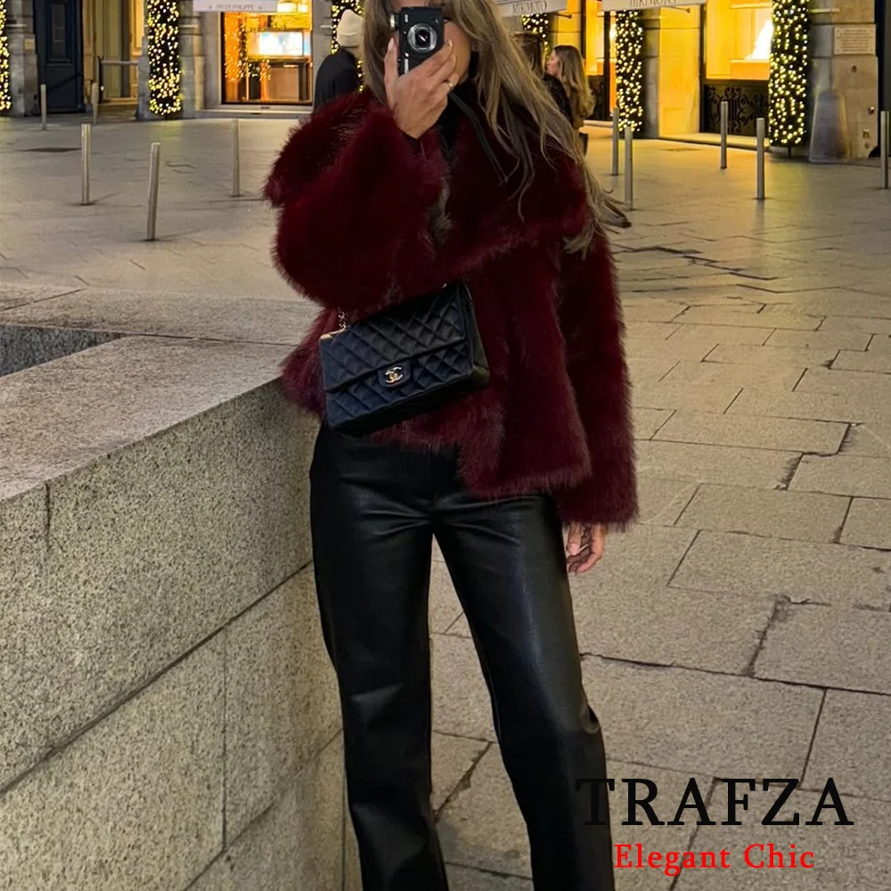 TRAFZA-Women Winter Ancora Red Solid Faux Fur Coat Jacket Big Lapel Coat New 2024 Autumn Winter Fashion Slouchy Burgundy Coat