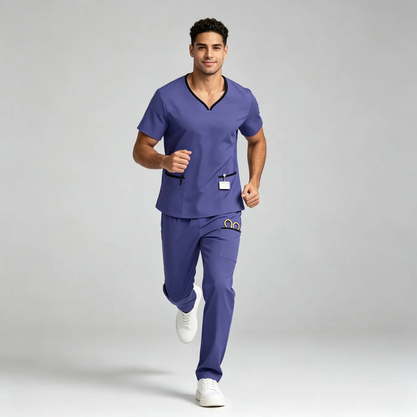 Short Sleeve Contrast Color Scrub Set Elastic Trouser Outfit For Veterinary Hospital Nurse And Beauty Salon Daily Work Uniform