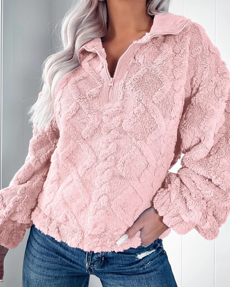 Autumn and Winter Simple Solid Color Half Zipper Stand Up Collar Loose Women's Plush Hoodie Coral Velvet Warm Long Sleeve Hoodie