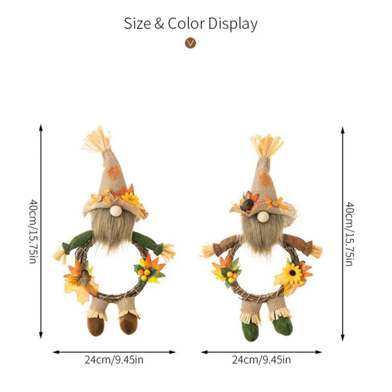 Couronne d'Automne Artificielle pour Porte d'Entrée, Gnome en Peluche, Feuilles d'Érable de Tournesol, Récolte Faite à la Main pour Décor de Thanksgivings