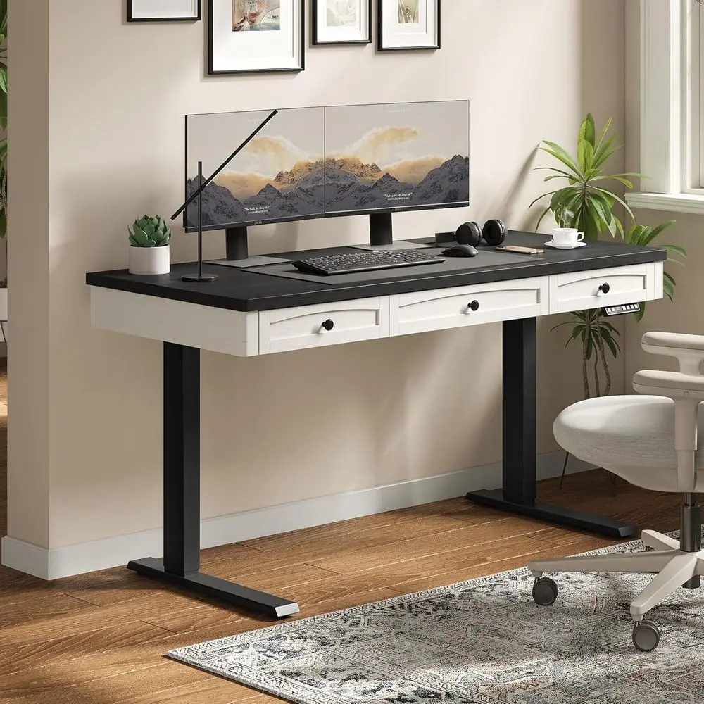 

Electric Height-Adjustable Desk with Storage, Outlets & Retro Curved Design, 63x24, Black