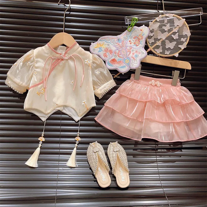 Toddler Girls Clothes Chinese Style Stand Up Collar Pearl Top Cake Short Skirt 2-Piece Set Summer New Children Outfit