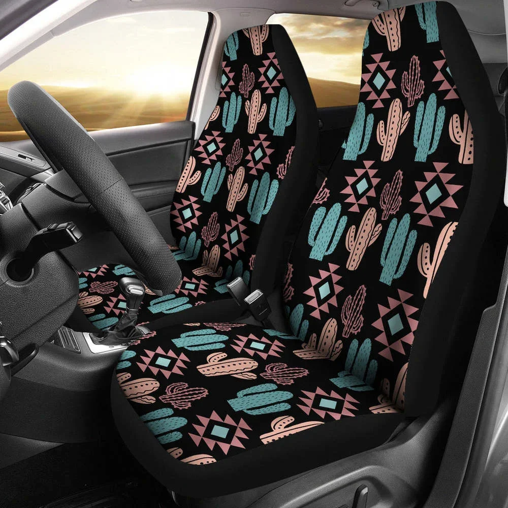 Pastel Turquoise and Rose Cactus Boho Pattern on Black Car Seat Covers,Pack of 2 Universal Front Seat Protective Cover