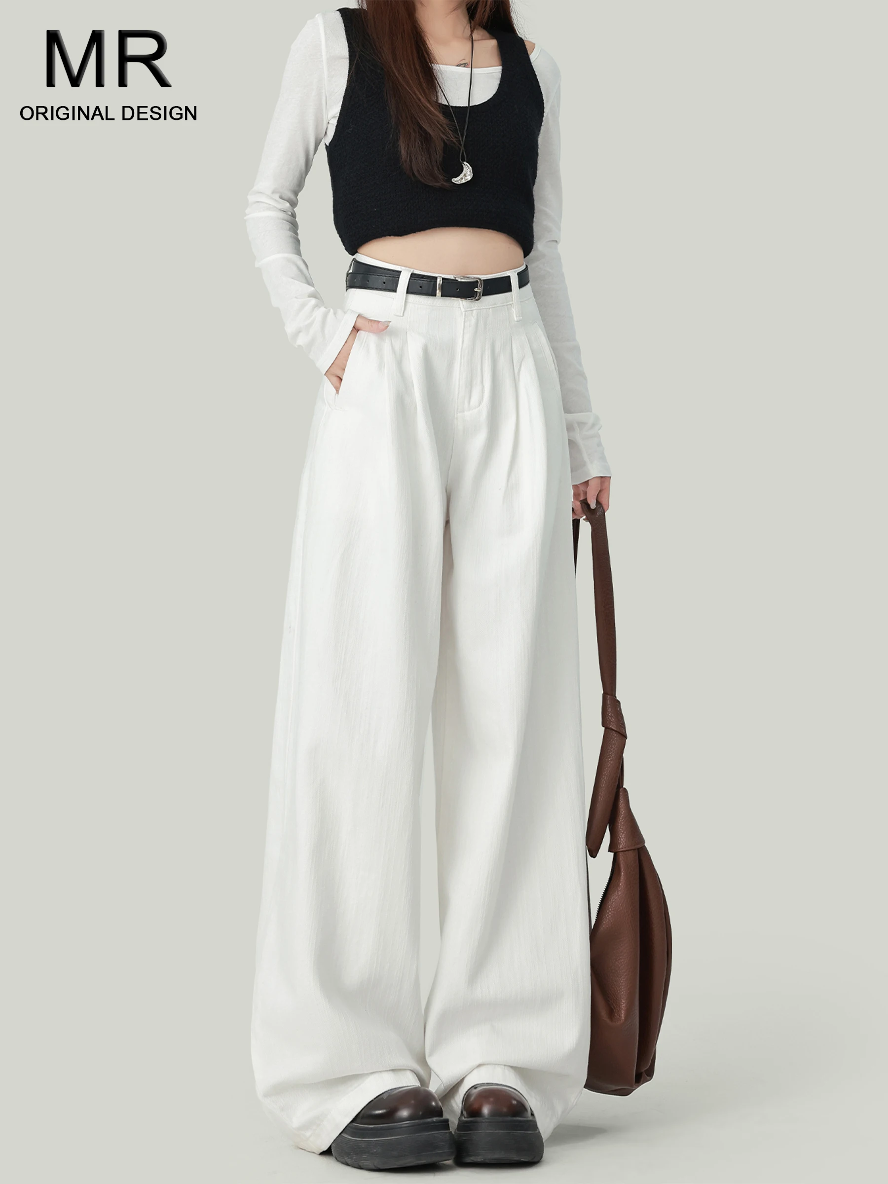 

Женские джинсы с высокой талией, прямые, белые, из денима, свободные, с эффектом похудения, плиссированные, широкие штанины, повседневный стиль, осенняя новинка