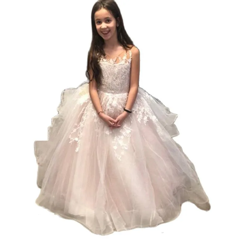 

Puffy Lace Baby Girl Party Dress Kids Layers Flower Girl Dresses Hi-Low Princess Dress Cute First Communion Gowns