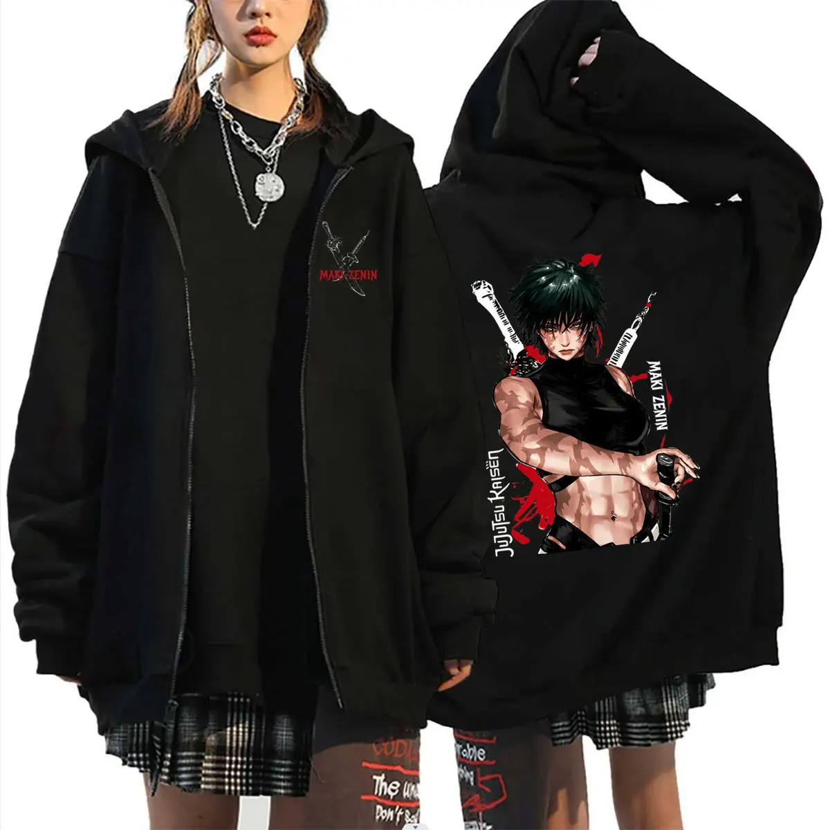 Anime Jujutsu Kaisen Maki Zenin Zipper Hoodie Men Women Casual Funny Oversized Zip Up Jacket Male Cosplay Manga Graphic Hoodies