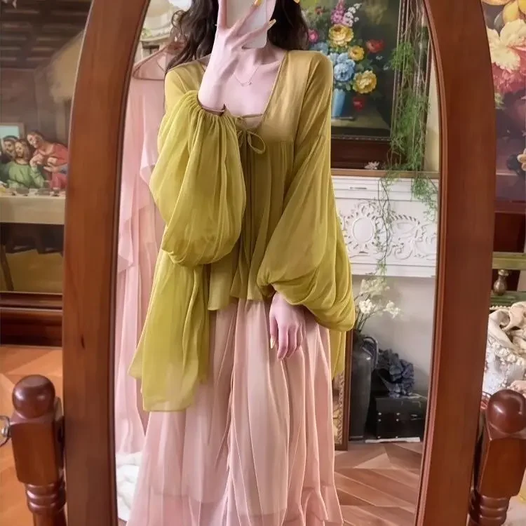 

New Style Waist-Cinching Sun-Protective Long-Sleeved Shirt Sexy V-Neck Puff Sleeve Women's Loose Summer