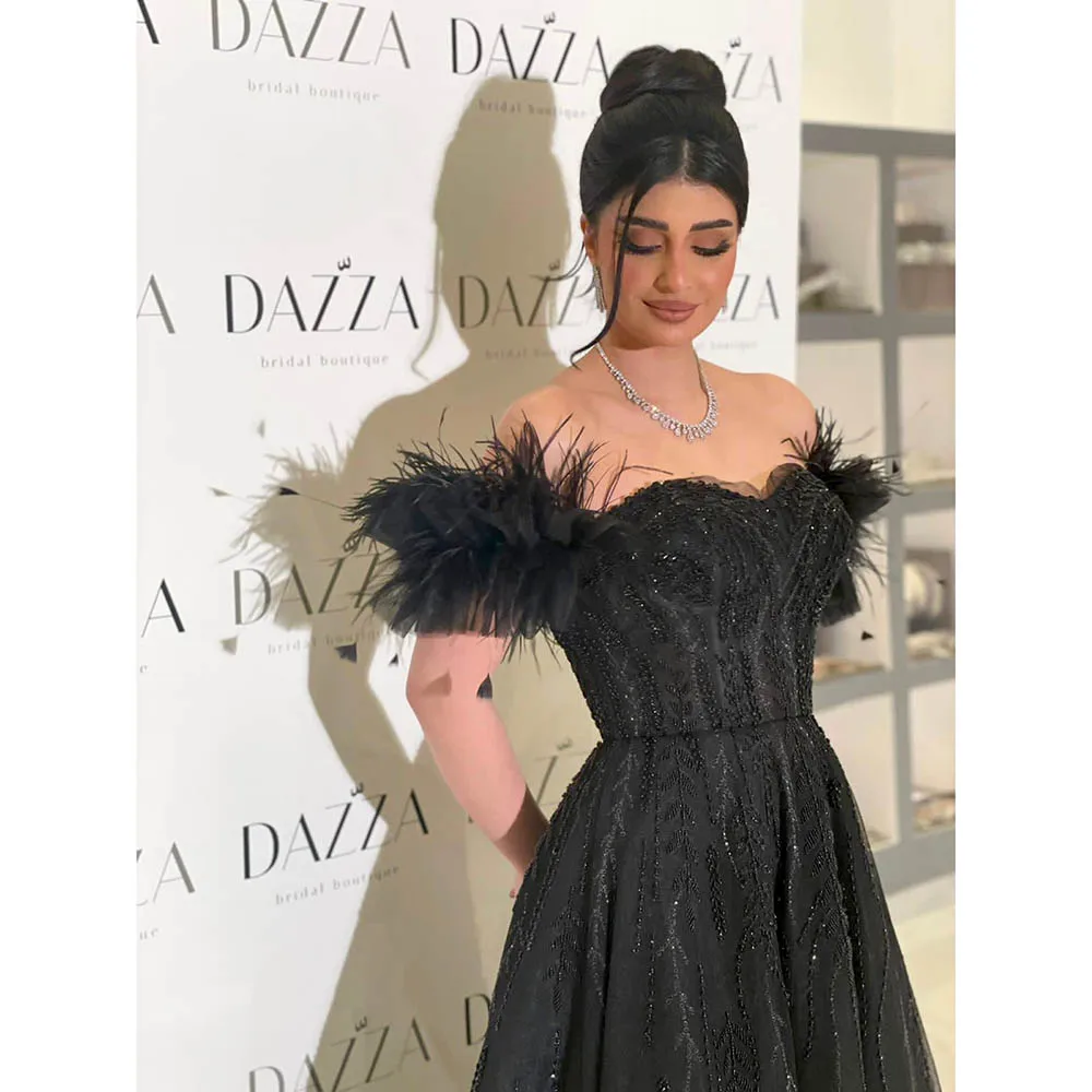 Luxury Beading A-Line Prom Dress Fashion Off the Shoulder Feather Tassel Floor Length Party Gowns Chic Sweep Train Evening Dress image 3