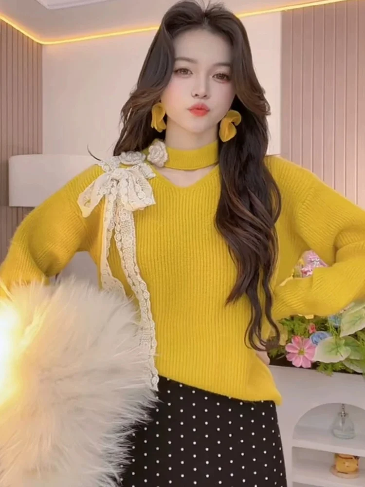 Maglione lavorato a maglia da donna autunno inverno Design in pizzo floreale 3D Faionable Versatile Nodo Aosphere Feeling Sweet S...