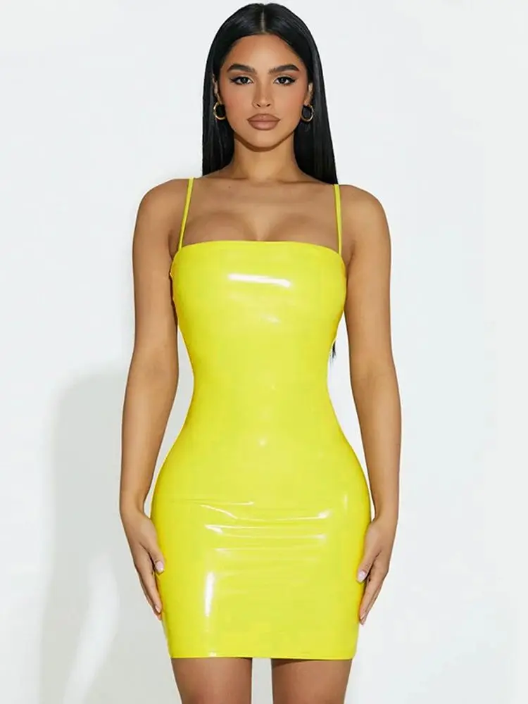 قابل للتعديل السباغيتي حزام نظرة الرطب فساتين PVC لامعة بولي Leather فستان جلد الجوارب حزمة الورك Minifalda مثير كلوبوير فستان الشمس Falda