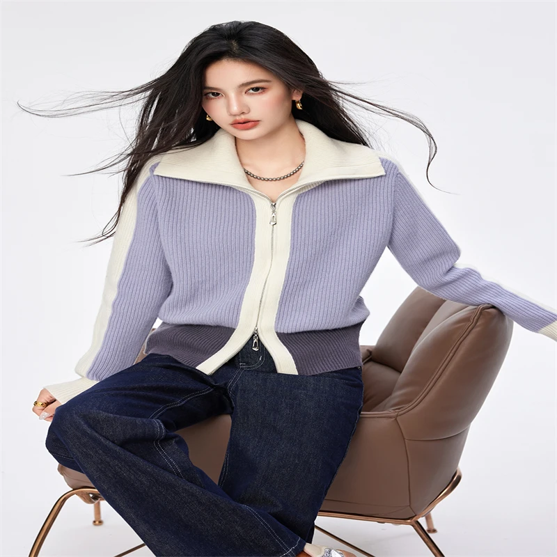 H Han Queen Autumn Winter Soft Colorblocking Long Sleeve Fashion Zipper Cardigans Women Clothing Casual Simple Basics Sweaters