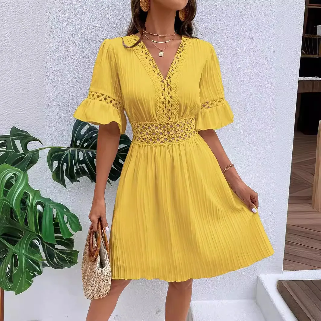 Vestidos Cortos Spring Summer Vneck Beach Vacation All-match Skirt Fashion Waist Solid Color Splicing Short-sleeved A-line Dress