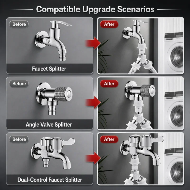 Universal Dual Outlet Washing Machine Faucet 1 In 2 Out Water Splitter 3 Way Valve Independent Switch G1/2 Bidet Adapter