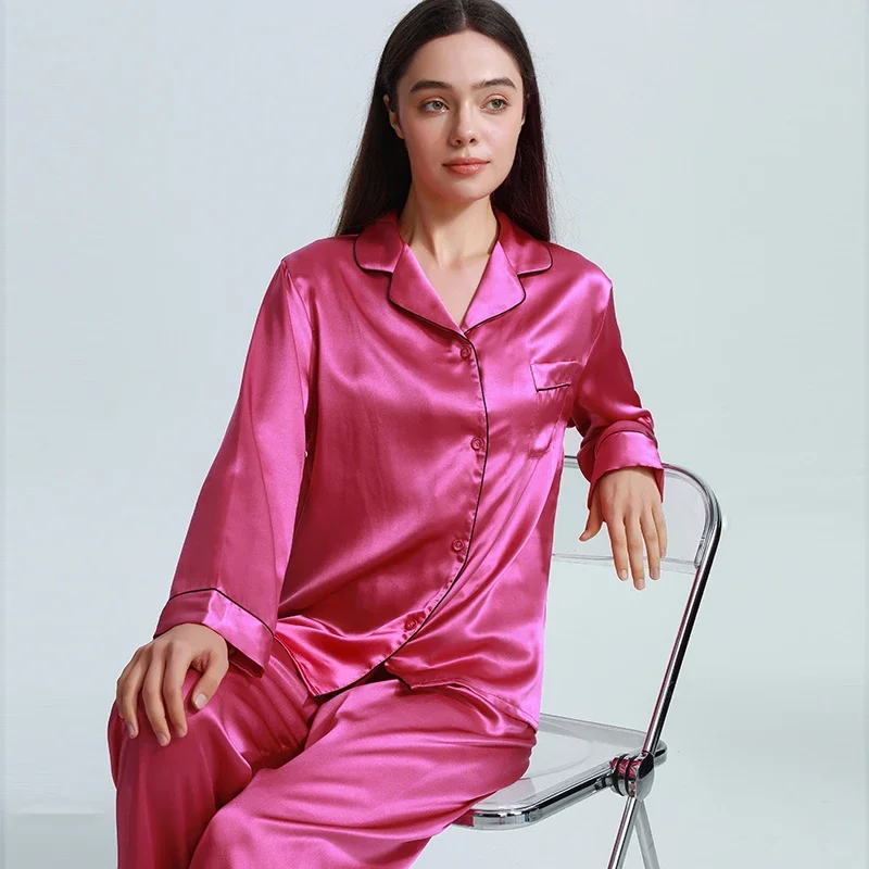 

19MM 100% Mulberry Silk Long Sleeves Top and Trousers Sleepwear Pajamas Set Button Down Lapel Cardigan Pajama Loungewear Nighty