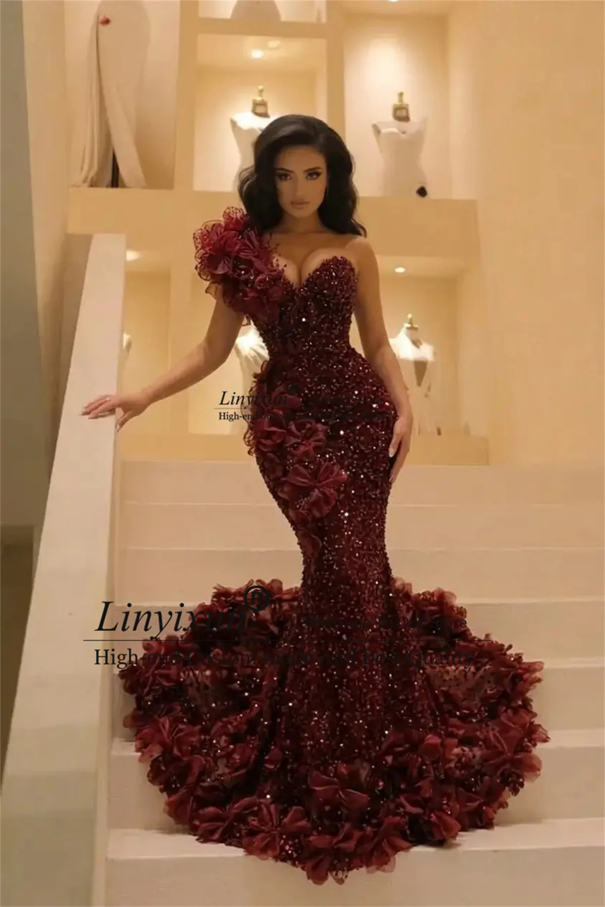 Elegante 3D-Floars-Meerjungfrau-Abschlussballkleider mit One-Shoulder-Applikationen und Spitze, maßgeschneidertes Aso Ebi-Abendkleid für Hochzeitsfeiern und Galakleider