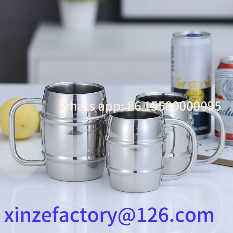 

Customizable 304 Stainless Steel Beer Mug Double Wall Thermal Cup with Handle Bar Creative Metal Water Juice Wine Glass Insulati