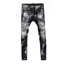 High Street Fashion Men's Jeans Retro Stretch Slimming Ripple Black Grey Jeans Men's Painted Designer Hip Hop Brand Pants Hombre