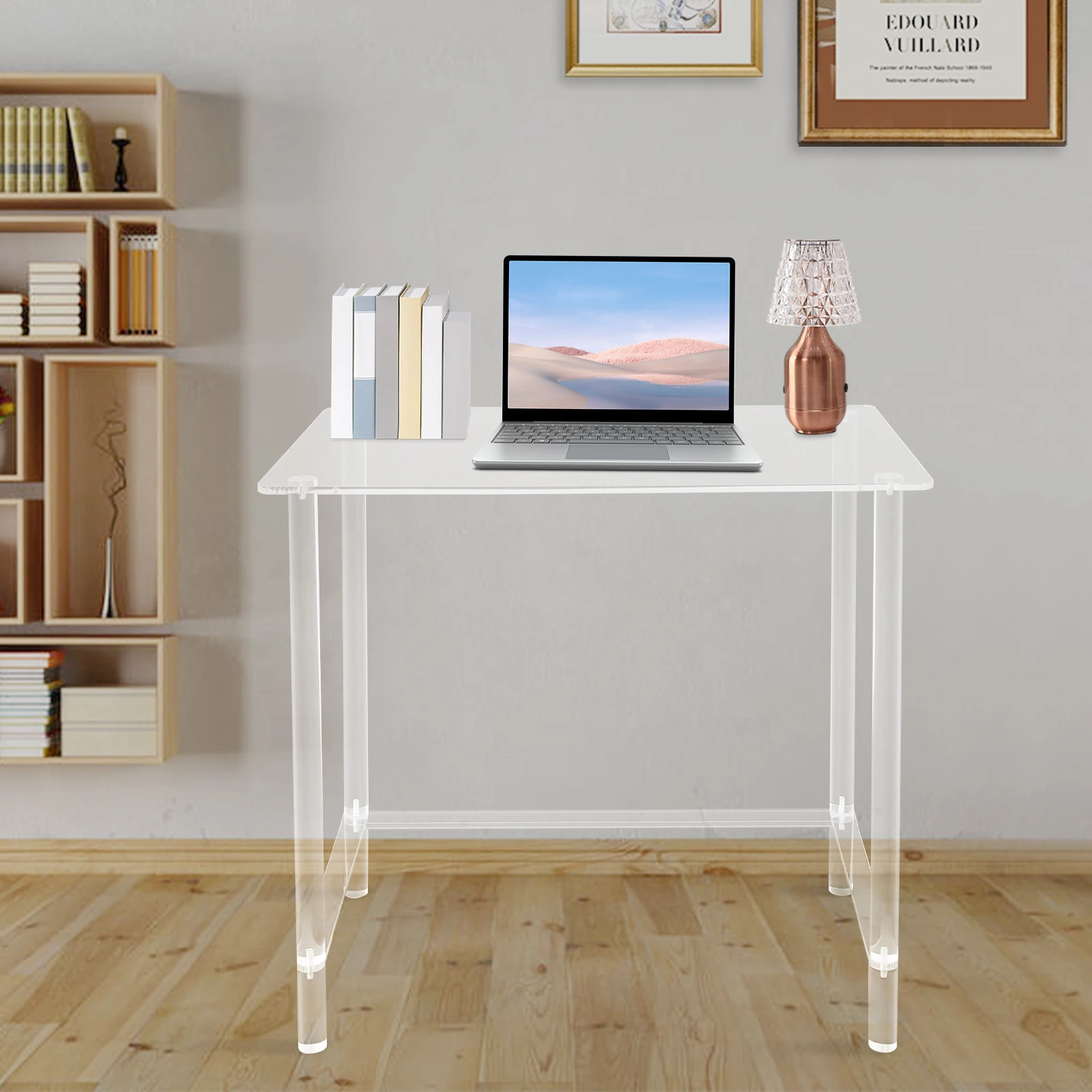 

Clear Acrylic Desk 40kg Load Capacity Reinforced Crossbars Round Corners Spacious Desktop for Bedroom Office Study Room