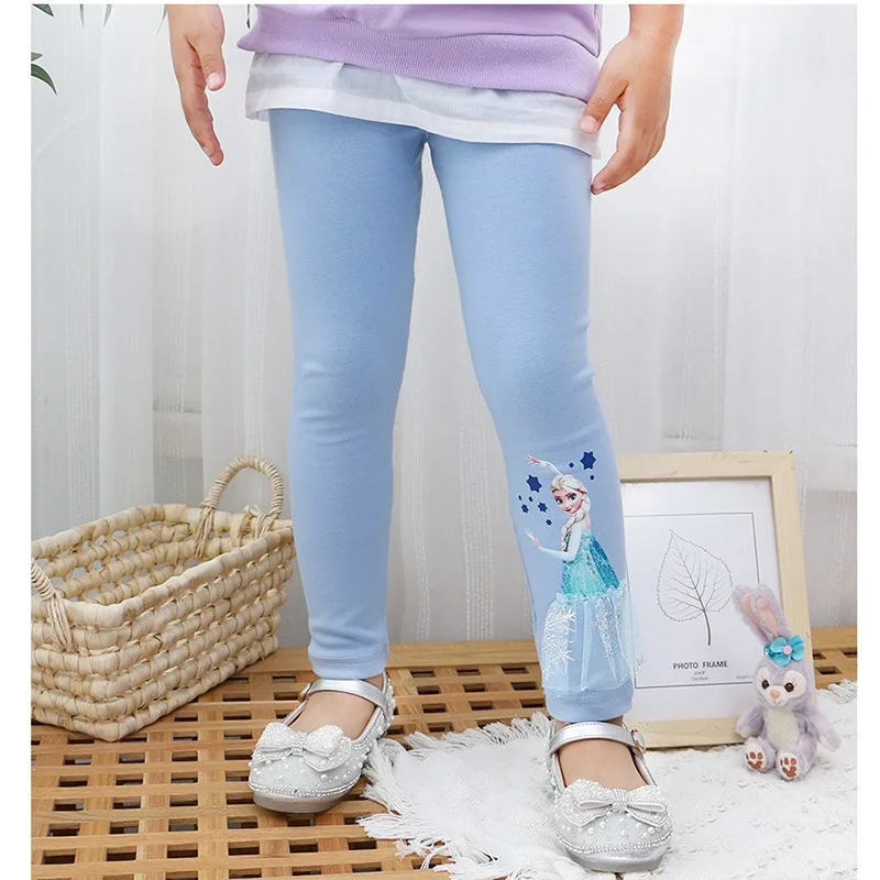 2024 Disney Girls Leggings Quality Cotton for Children Frozen Anna Elsa Autumn Baby Girl Pink Blue Trouser Kids Pants Cartoon