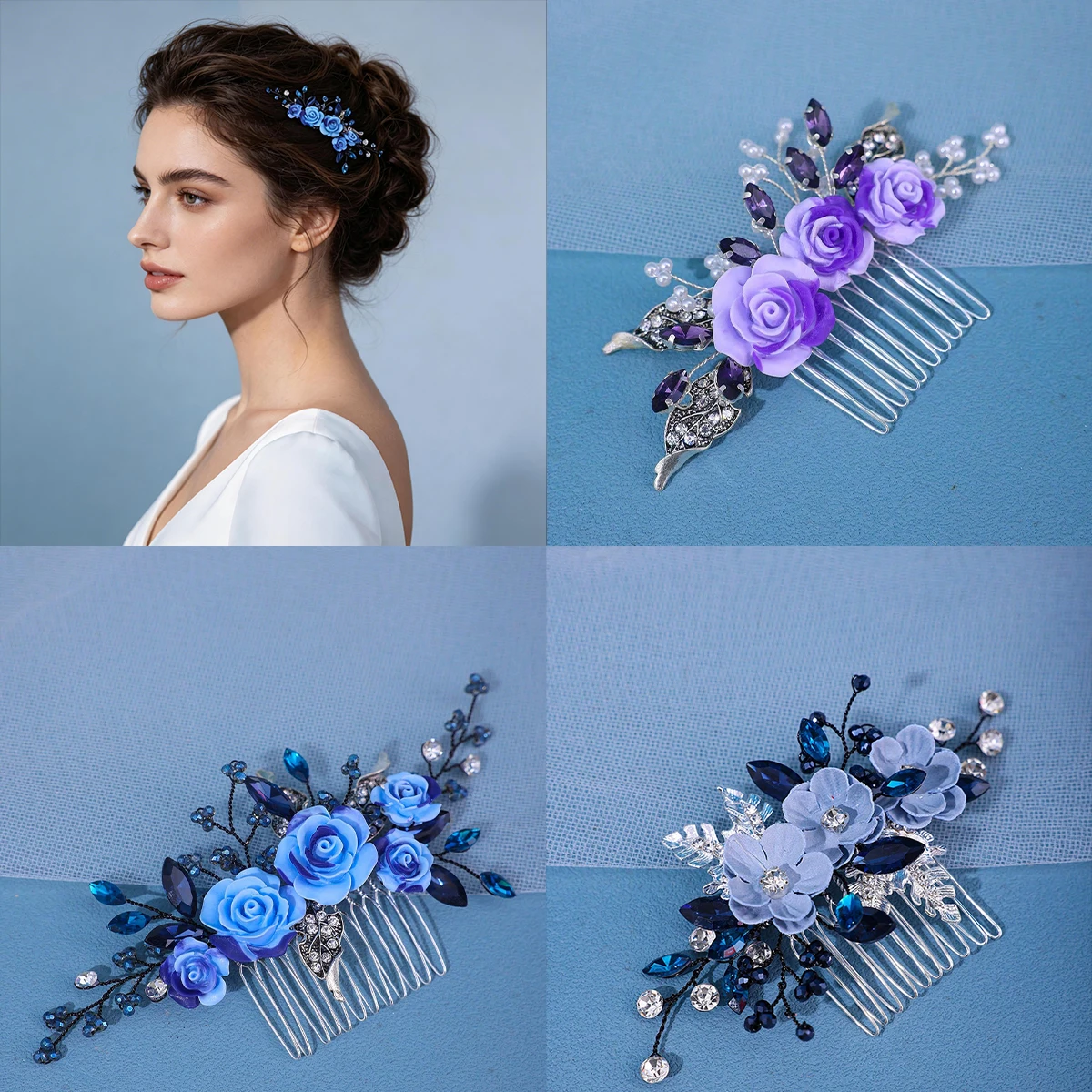 Blue  Crystal Hair Comb Silver Leaf Bridal Headpiece Wedding Hair Accessories Women Party Prom Formal Floral Hair Clip image 2