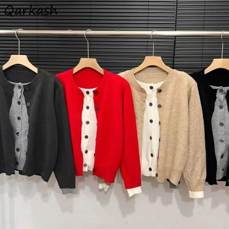 Fake 2pcs Cardigans Women Patchwork Knitted Sweater O-neck Double Breasted Design Fashion Ulzzang High Street All-match Leisure