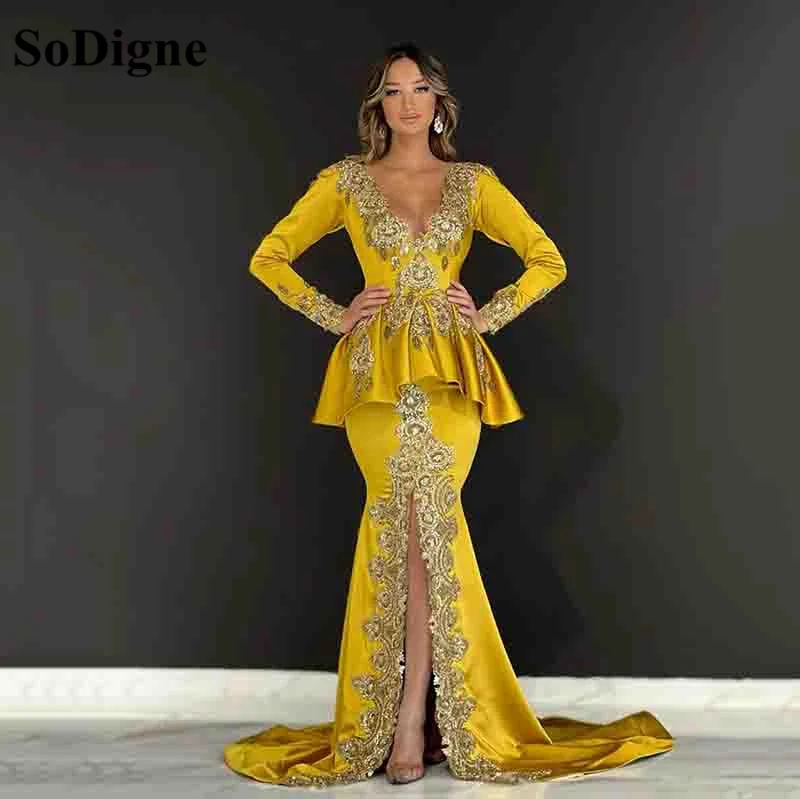 SoDigne-vestido de noche de sirena de satén con encaje dorado para mujer, vestido de fiesta de boda con cuello en V, manga larga, vestido Formal de graduación Árabe de Dubai