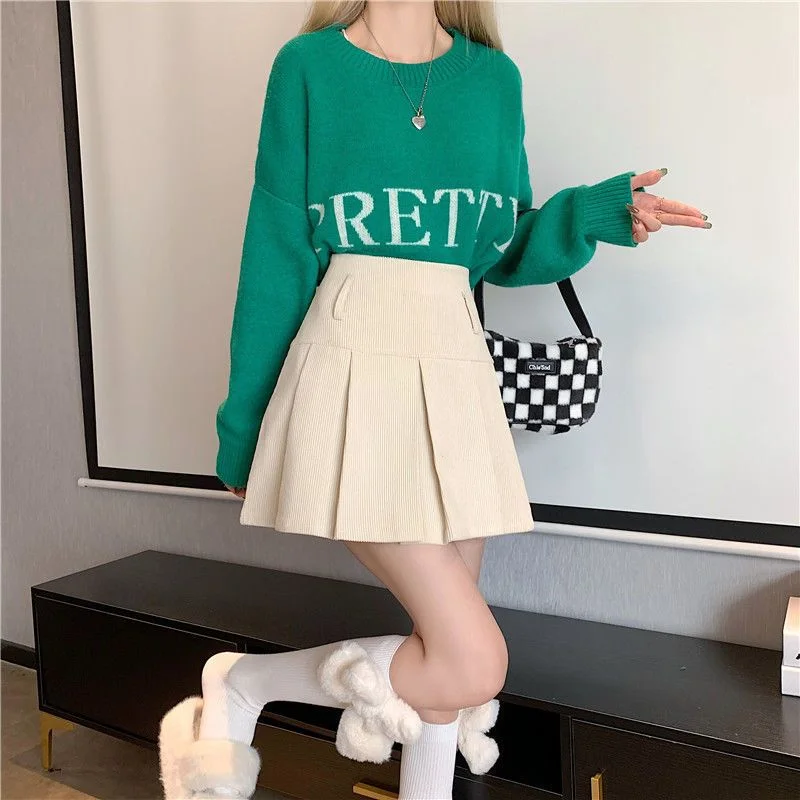 Pleated Skirts Women High Waist Corduroy Slim Sweet Retro Ins Mini Kawaii Japanese Style Schoolgirl Spring Summer Fashion Faldas