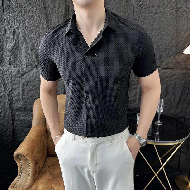 2024 Summer New Double breasted buckle Slim Fit Short Sleeve Shirts High Elasticity Casual Men Business Social Dress Shirt 4XL-M