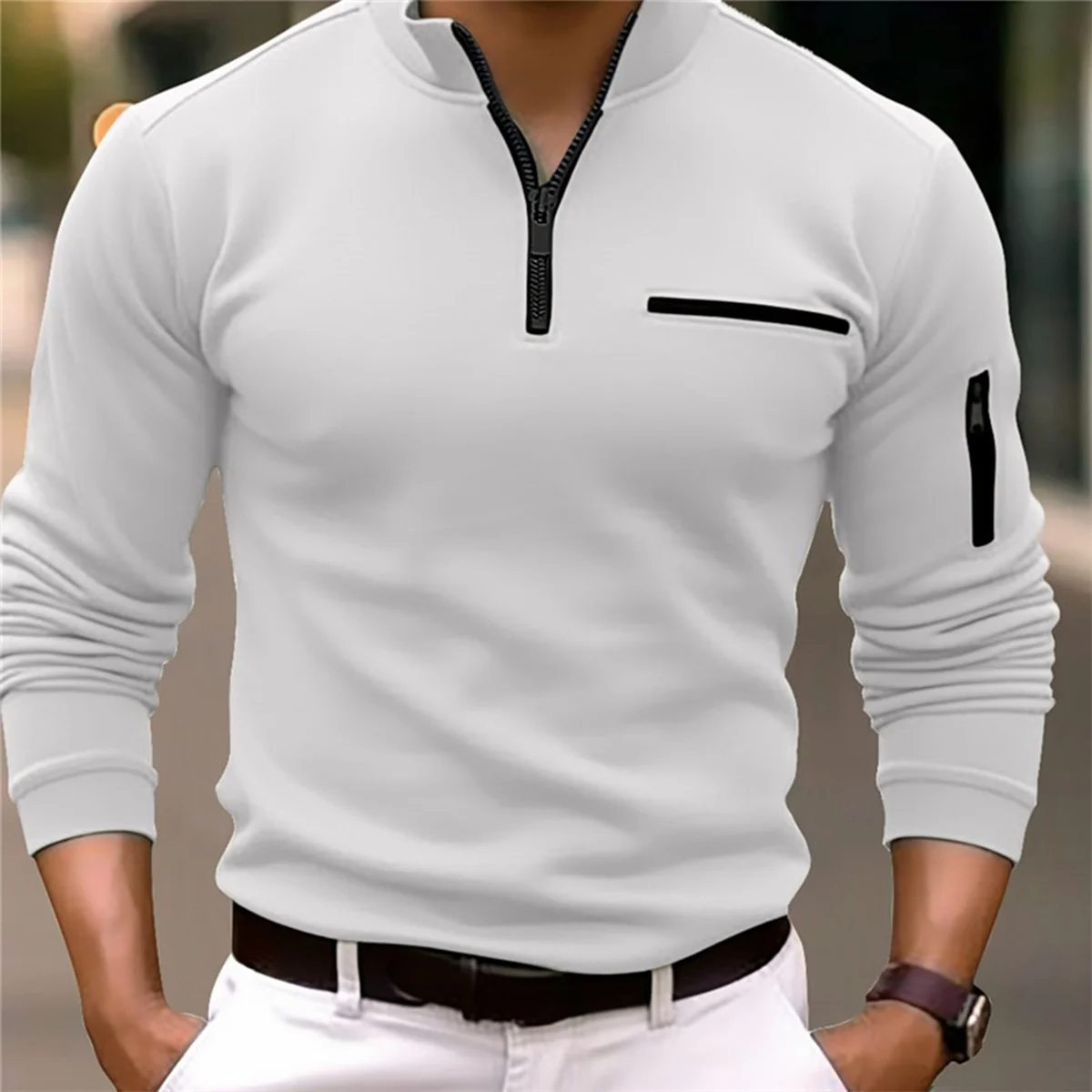 Men\'s Hoodie POLO Shirt Solid Color Long Sleeve Arm Chest Zipper Design Light Ripe Casual Sports Loose Fashion Autumn