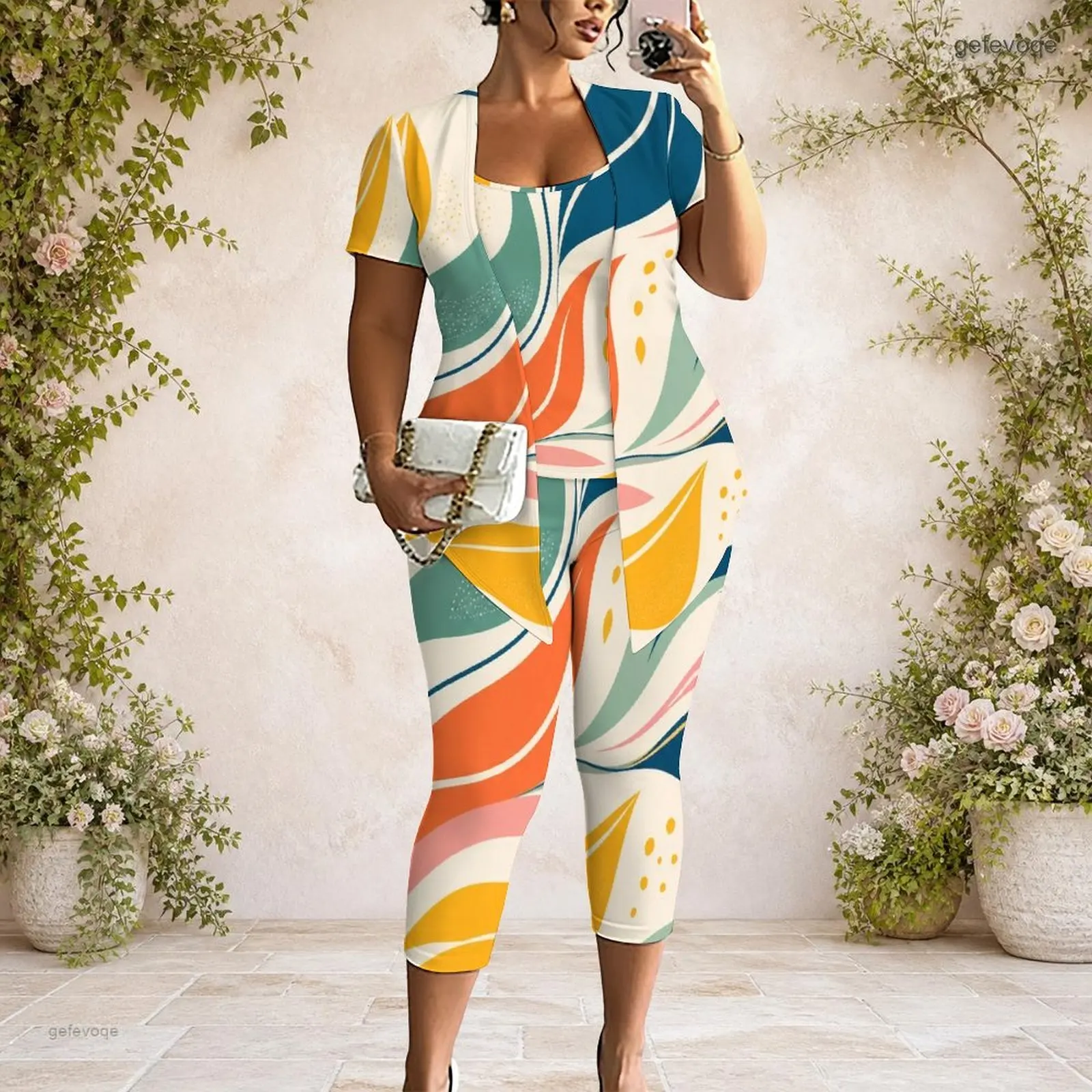 Women Printed Pants Set Short Sleeve Open Front Cardigan Tank Top Capri Pants Three Piece