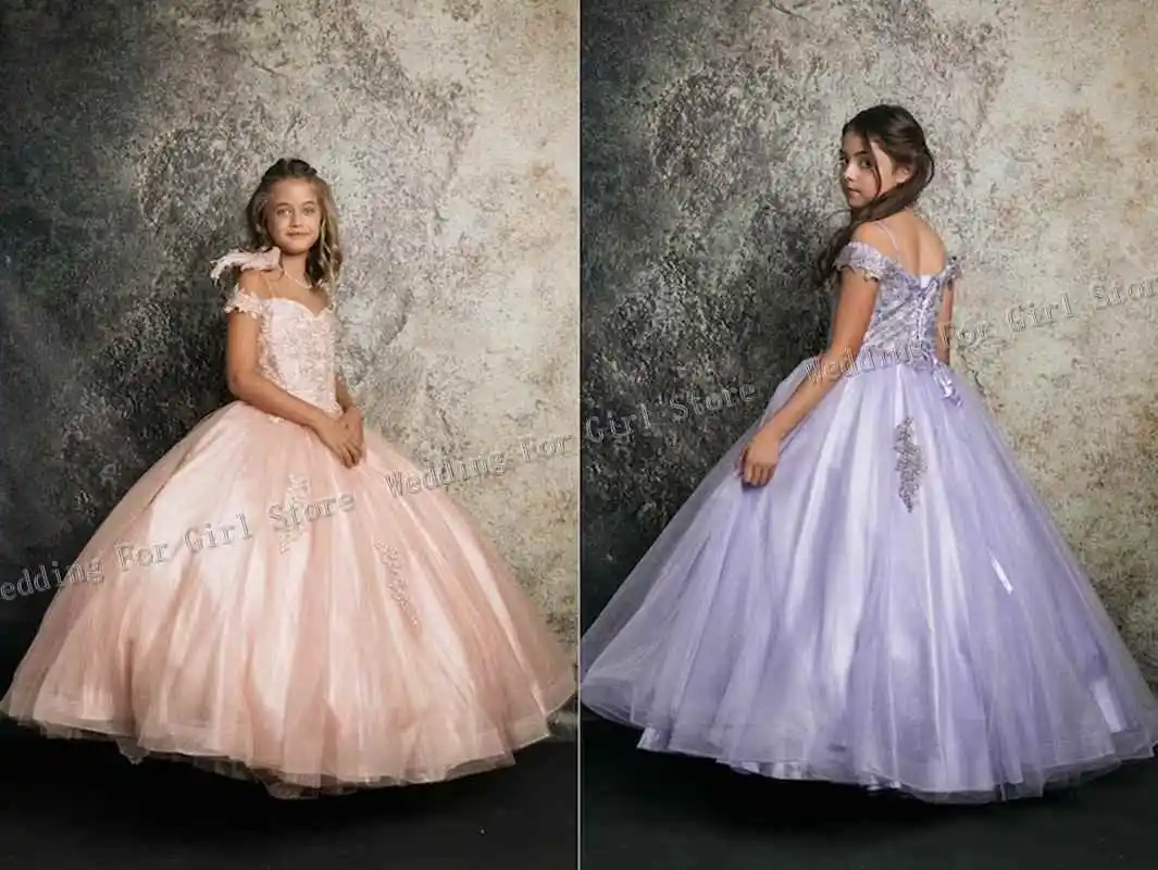 

Beads Wedding Flower Girls Dresses Appliqué Lace Gown Floor Length First Communion Princess Fluffy Birthday Girl Gift Ball Gowns