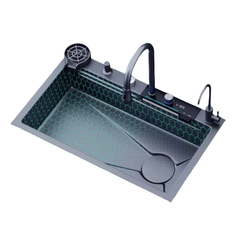 

New Arrive Smart 304/201 Stainless Steel Kitchen Sink Black Waterfall Kitchen Sink With Multifunction Cup Washer