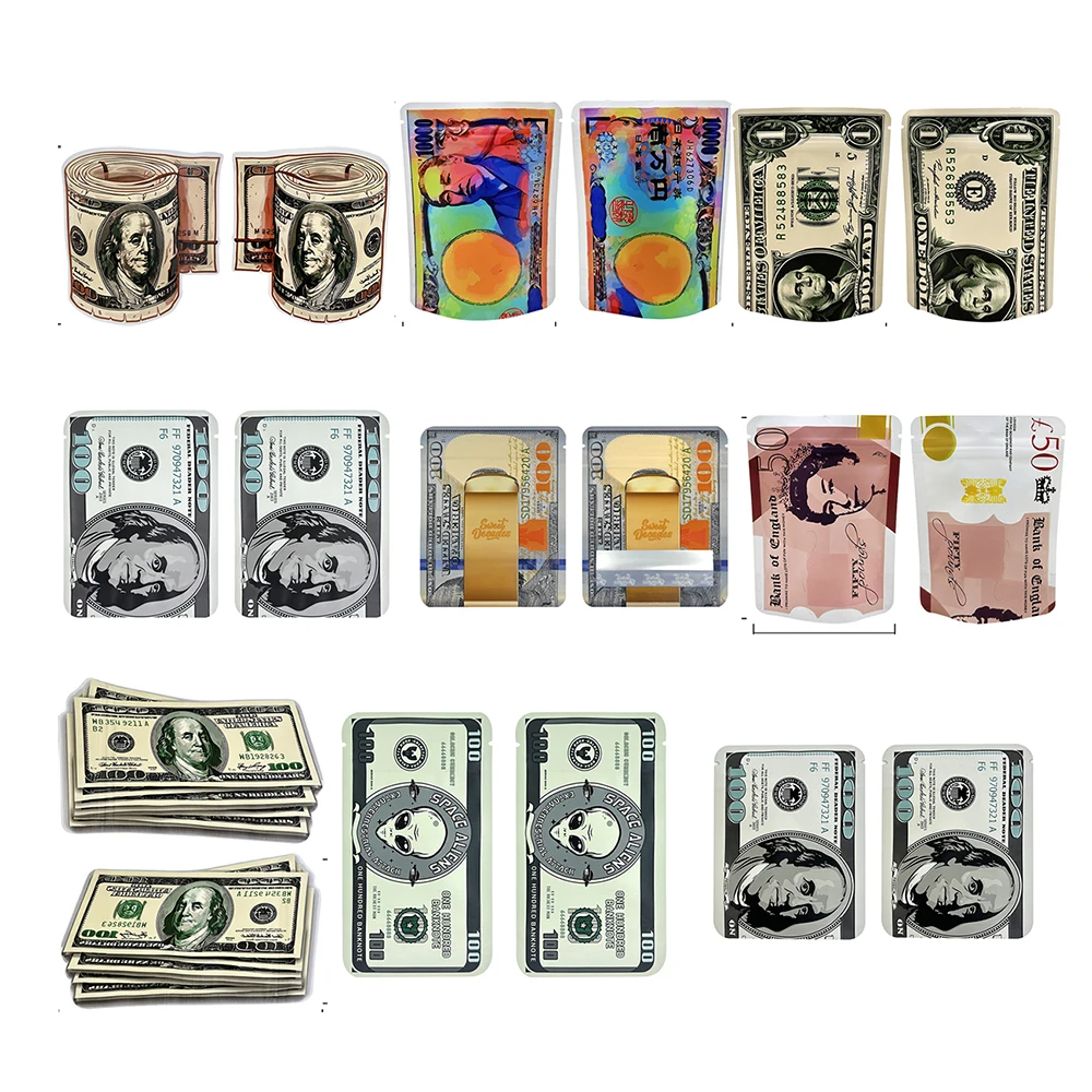 Nuovo design Borse vuote in mylar 1g 3,5g Forma di denaro Stand up Custodia per imballaggio US USD Dollaro A prova di odore 3.5 Confezione con cerniera