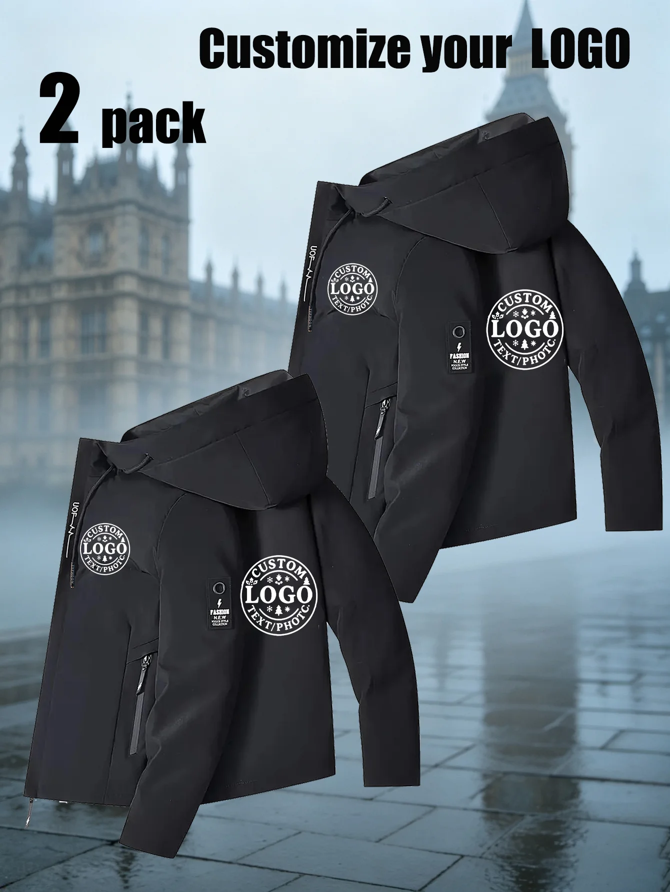 2-Piece Custom Men's Full-Zip Parka with Hood, Made of Durable Non-Elastic Fabric, Suitable for Spring and Autumn Casual Wear