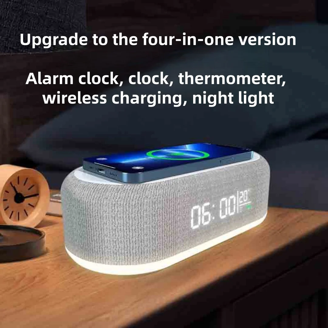 4-in-1 Nachttischlampe mit 15W Kabellosem Ladegerät, Uhr, Wecker, Dimmbar