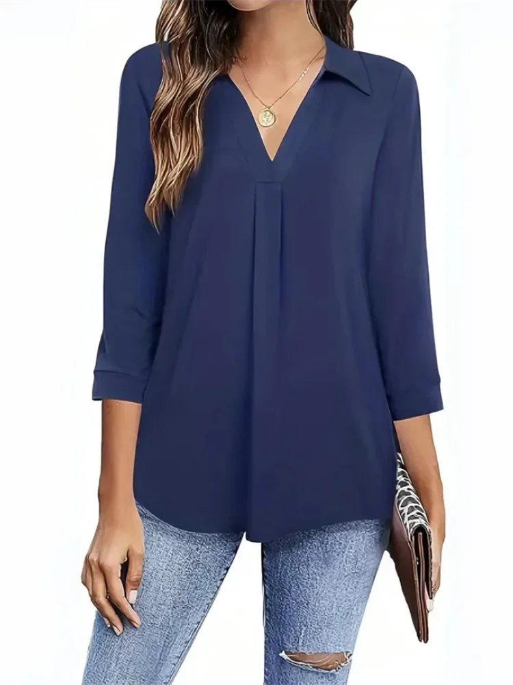 

Nice Women Spring Summer Style Blouses Shirts Lady Casual Three Quarter Sleeve Turn-down Collar Solid Color Loose Blouse Tops