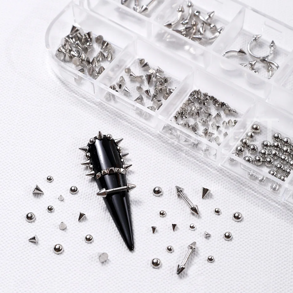 12er-Set Gothic Punk Piercing Kurvenpfeil Silber Nagelnieten Y2K Perlen Kegelnieten Nagelteile DIY Halloween Maniküre Dekoration – Detail 5