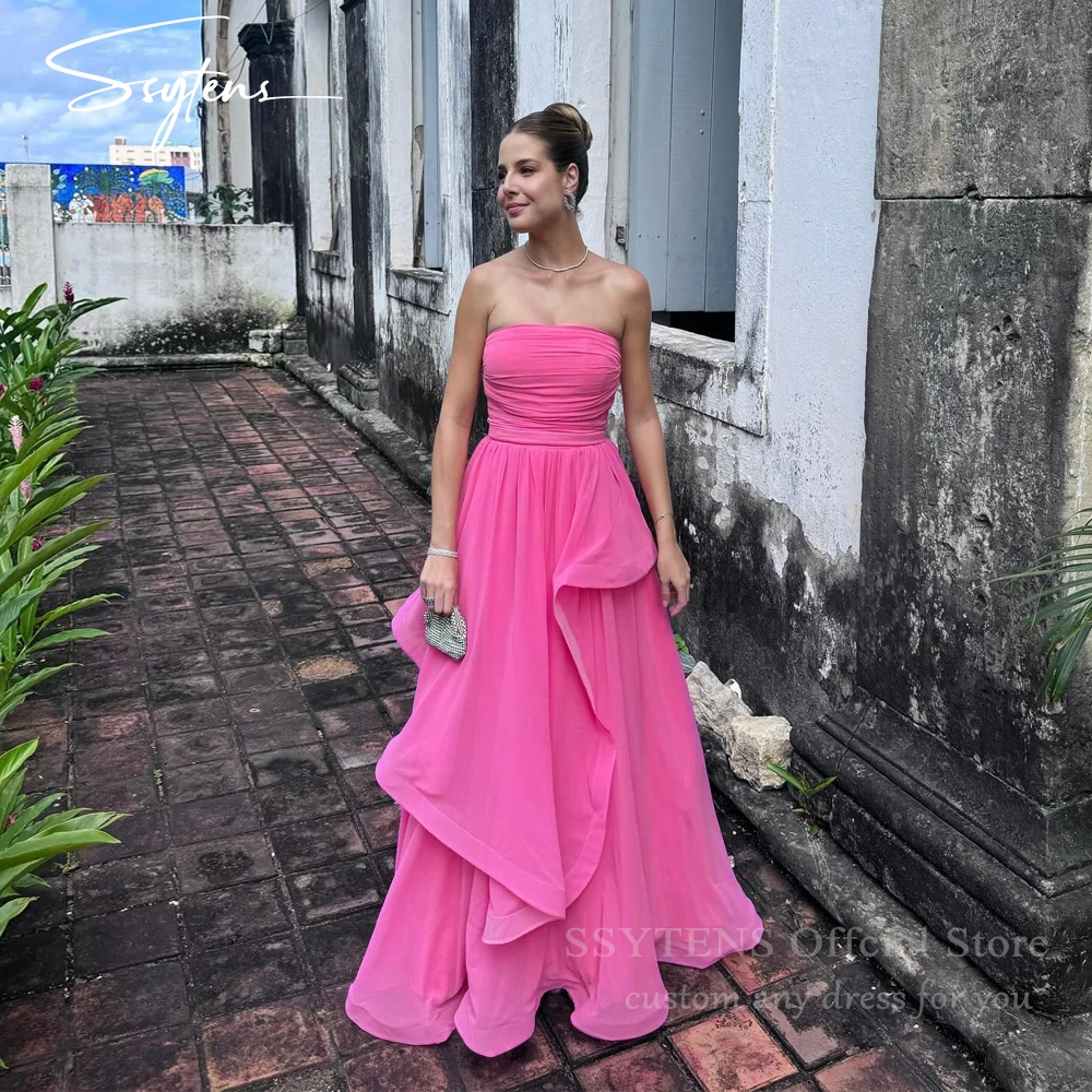 

Elegant Hot Pink Ruffles Prom Dresses Pleated Strapless Floor Length Formal Evening Dress Saudi Arabia Women Special Party Gowns