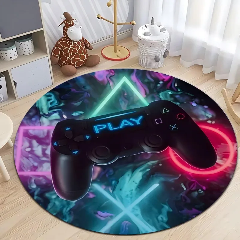 Gaming Console Round Rug Non-Slip Floor Mat for Home Office Living Room Bedroom Machine Washable Round Carpet for Gamers Decor