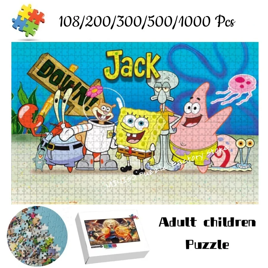Drewniane puzzle SpongeBob Kanciastoporty 108/200/300/500/1000 elementów, drewniane/kartonowe puzzle dla dorosłych i dzieci, prezenty, zabawki edukacyjne