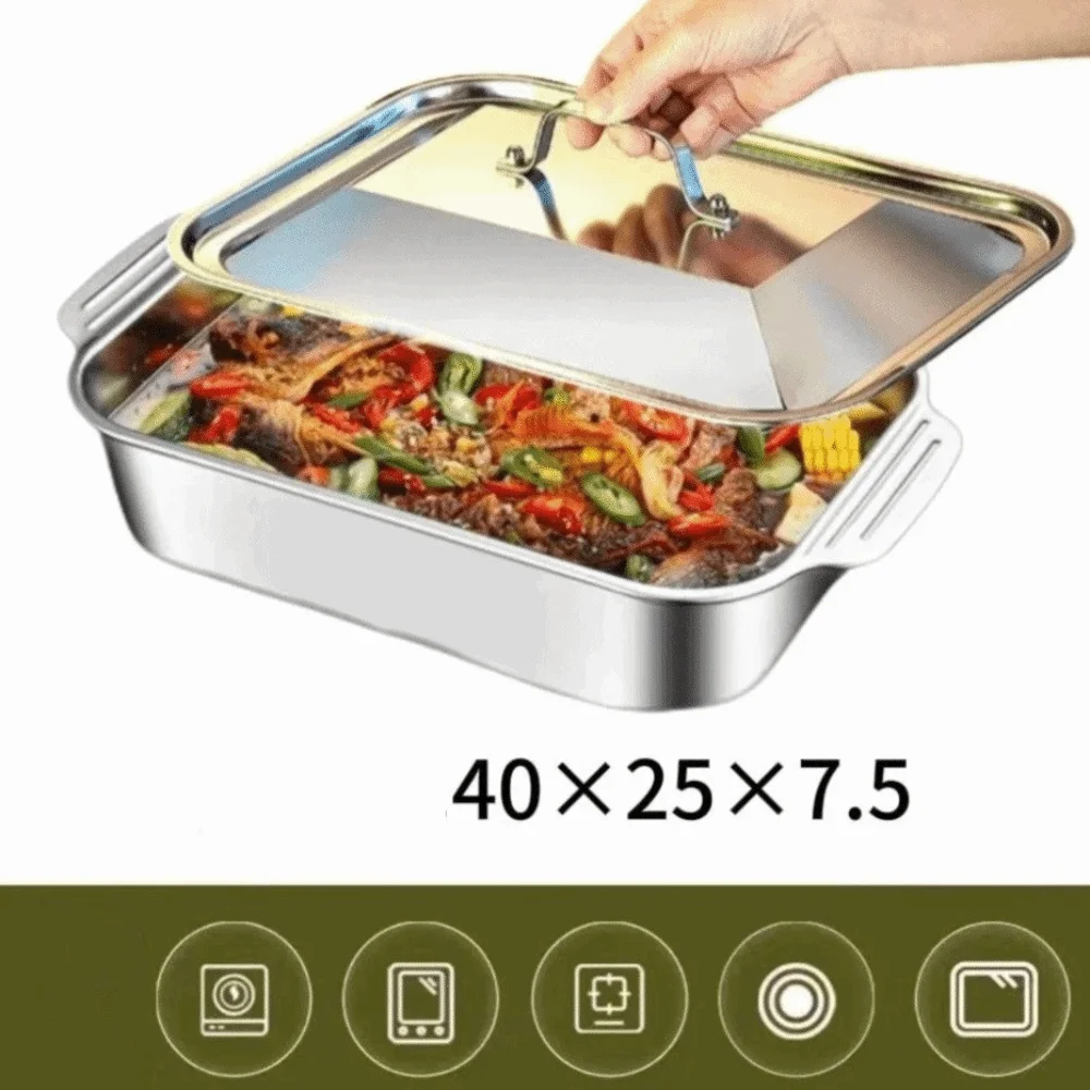 

Deepen Grilled Fish Platter with Lid Non Stick Stainless Steel Tray Food Grade Insulated Food Serving Pan Household