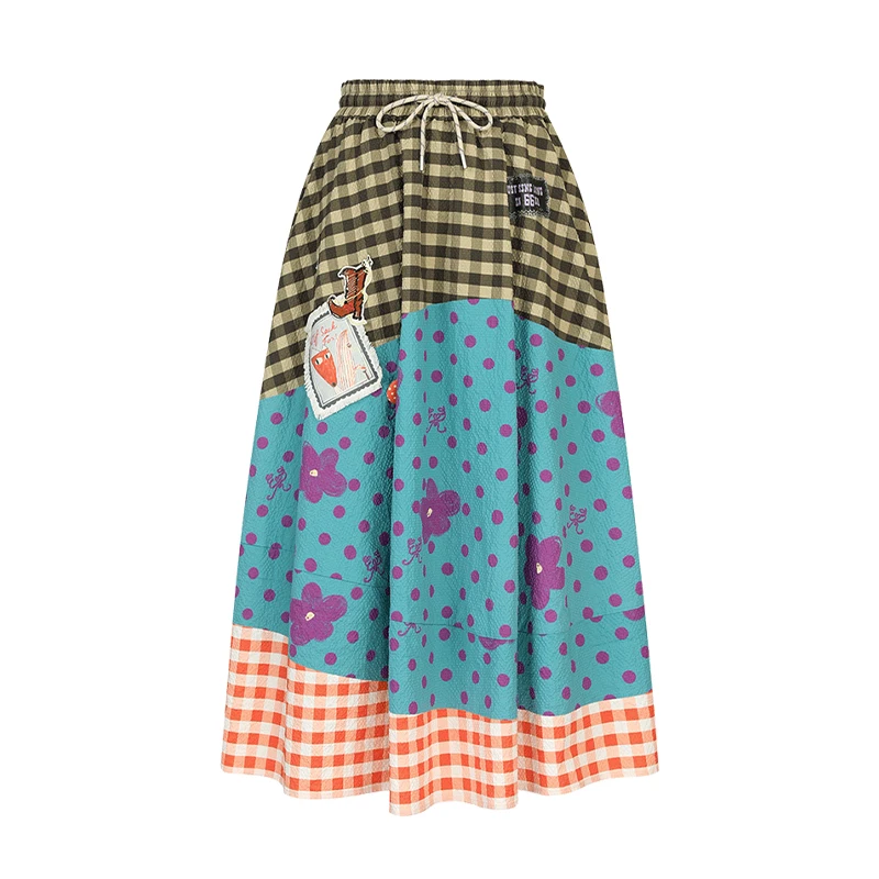 Summer Sweet Floral Gingham Print Midi Skirt , Jacquard Flared A-Line Skirt, Cottagecore Cute Bottom for Women