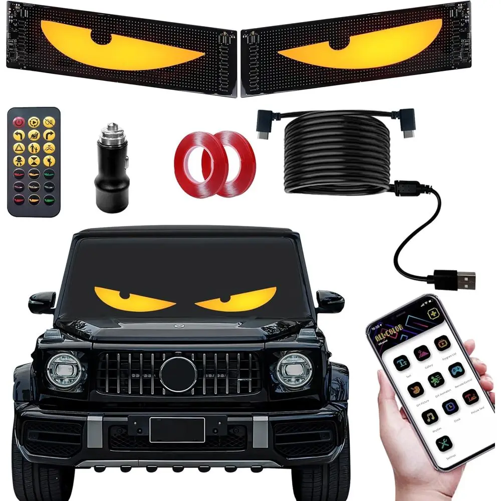 

15x4 Inch Full-Color Programmable LED Car Windshield Lights, Smart App & Remote Controlled Devil Eyes