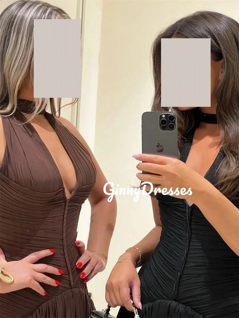 Gaun Malam Mewah Model A-Line Kerah V Dalam Berdetail Ruffle Hitam, Panjang Menyentuh Lantai Tanpa Lengan dengan Ritsleting, Vestidos De Festa 2025