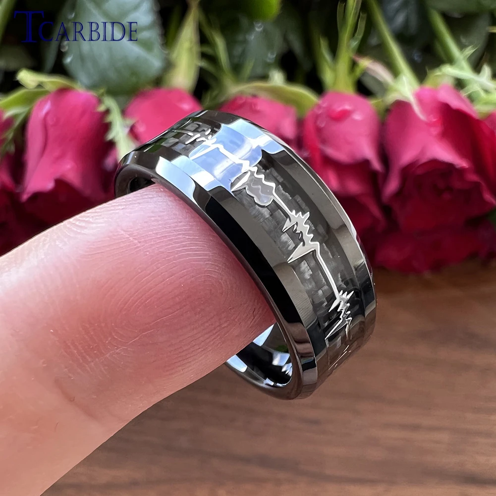 Bague en Carbure de Tungstène pour Homme et Femme, 8mm de Proximité, Bracelet de Fiançailles, Cardiogramme, Incrustation en Fibre de Carbone, Ajustement Confortable