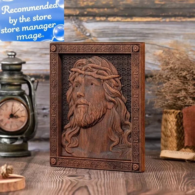 Figura religiosa Vintage tallada en madera de Jesús, corona de espinas, regalo de decoración de pared de San Católico